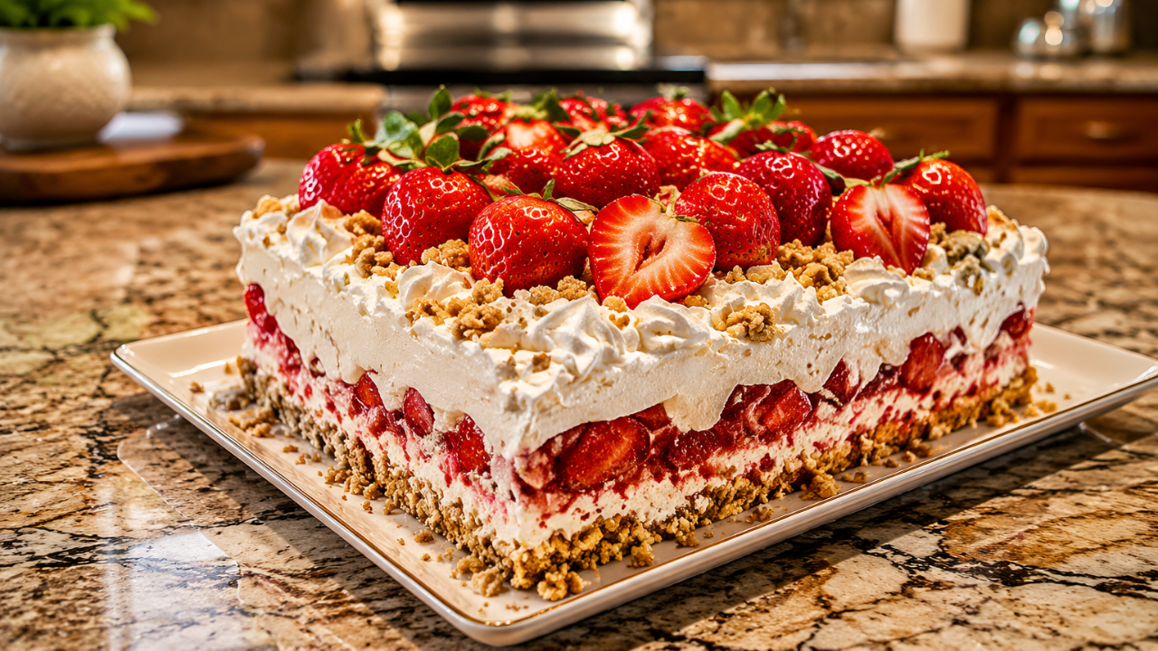 7. Strawberry Crunch Poke Cake